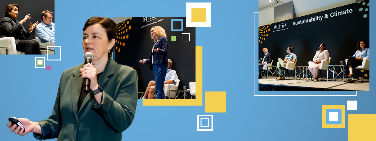 A speaker surrounded by images of panel discussions at IFT FIRST with yellow and white square graphics