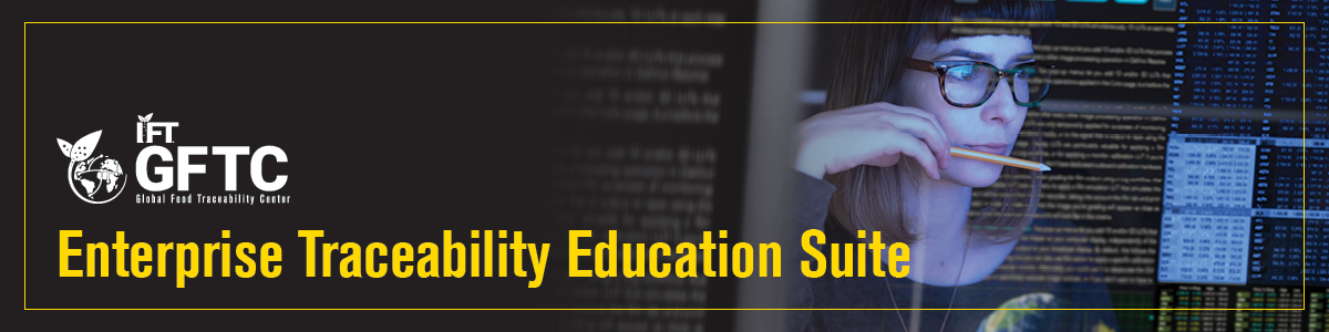 IFT GFTC Enterprise Traceability Education Suite. Person in glasses holding a pencil and looking at a computer screen.