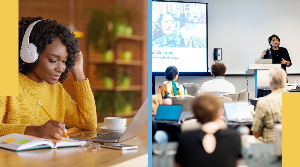 A woman wearing headphones while working. A speaker presenting to people in a workshop.