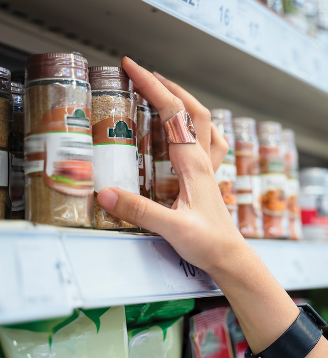 Spices on store shelf.
