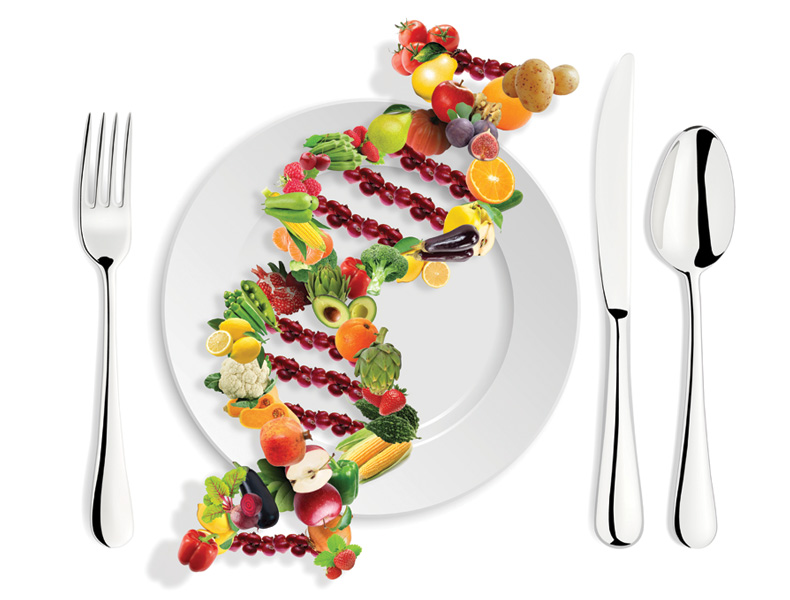 DNA strand made with healthy fresh vegetables and fruits in a plate