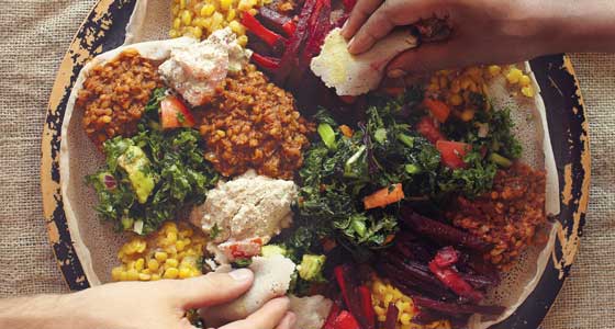 Sharing a plate Ethiopian food.