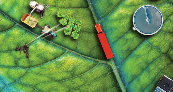 Leaf with farm, sewage treatment plant, wind turbine, factory with solar panels, and farm.