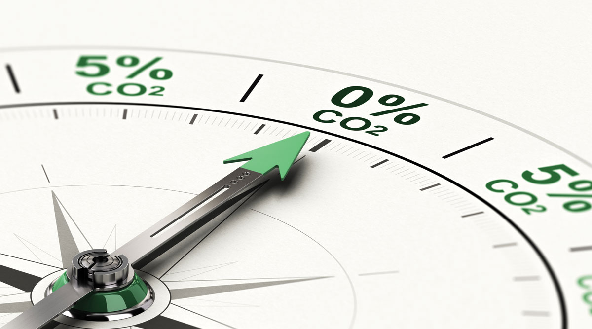 3D illustration of conceptual compass with needle pointing 0 percent of CO2. Concept of decarbonization