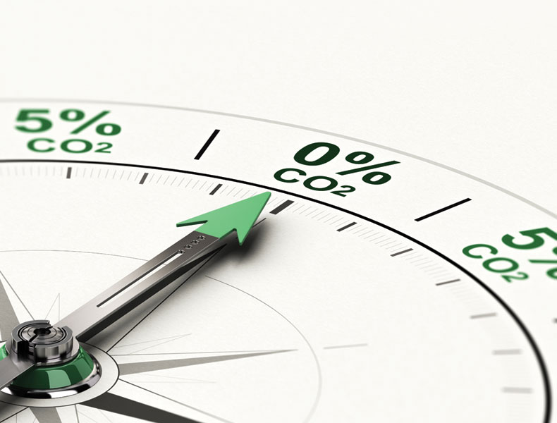 3D illustration of conceptual compass with needle pointing 0 percent of CO2. Concept of decarbonization