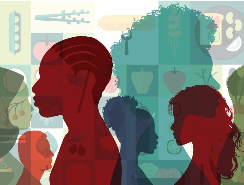 Illustration of silhouettes of people and food.