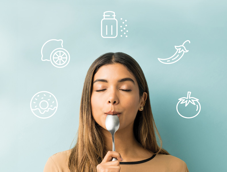 young woman tasting a spoon with icons of different taste buds.