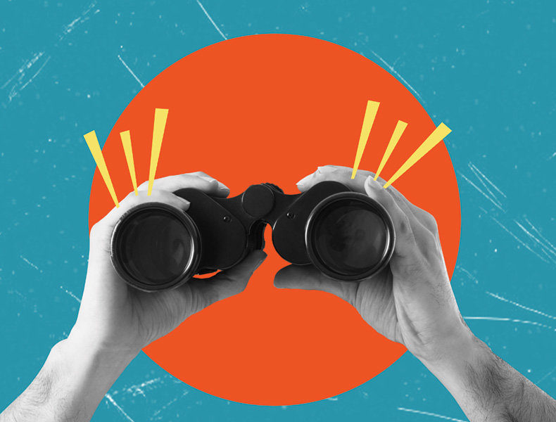 Hands holding binoculars on blue background with orange circle. Concept of analytics and business.