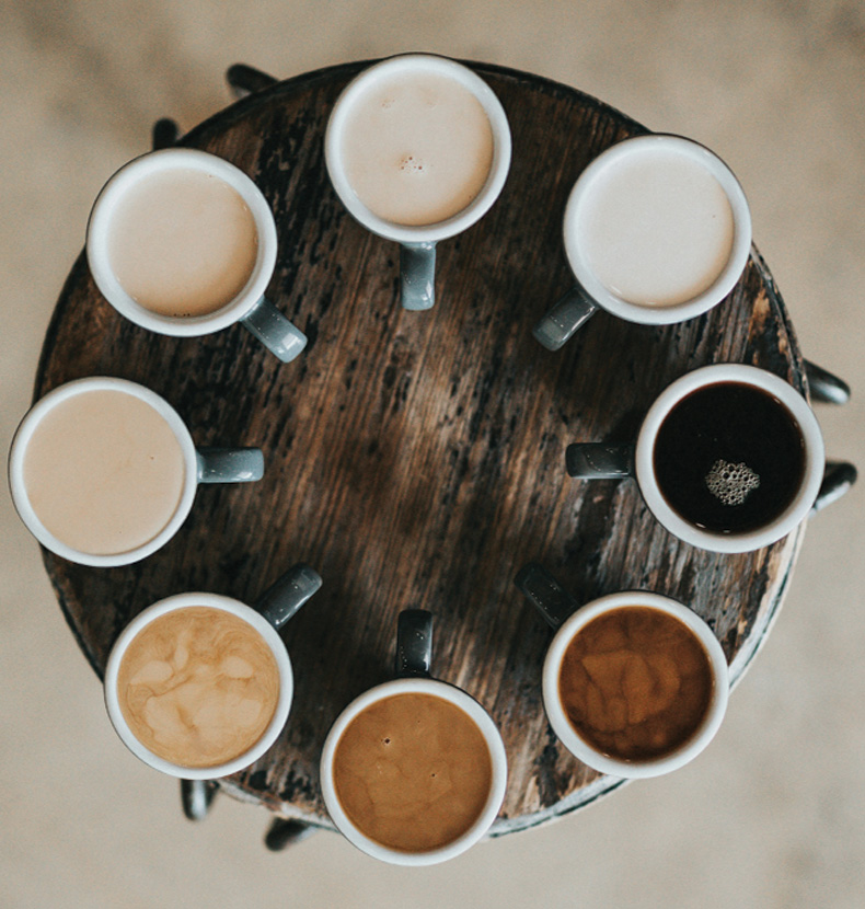 Table of Coffee with different amounts of cream.