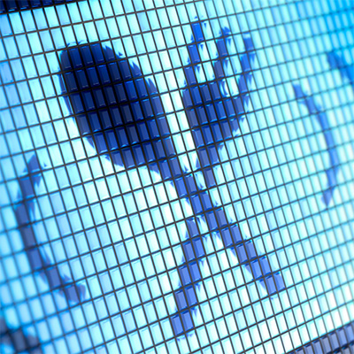 blue high tech board with a spoon and fork projected on a screen