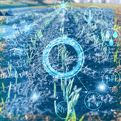 Blue traceability spoke graphic overlay on farmland
