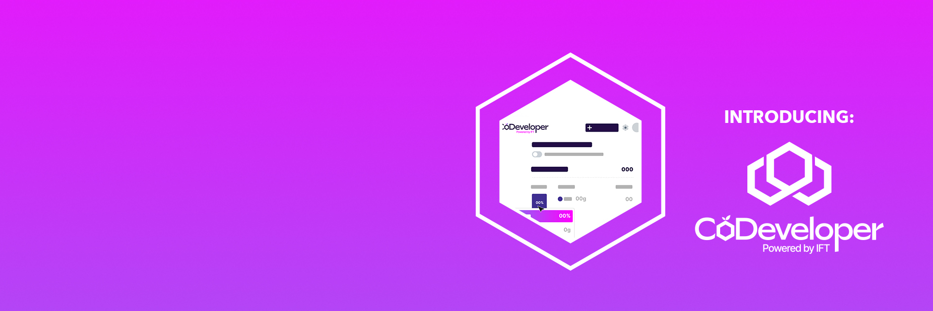 Introducing CoDeveloper Powered by IFT logo. The CoDeveloper tool in a hexagon shape.
