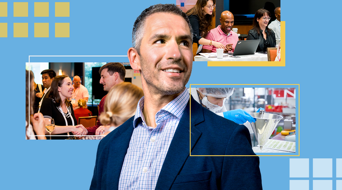 Man smiling with surrounding square graphics of people networking, people taking a course, and a scientist using lab equipment