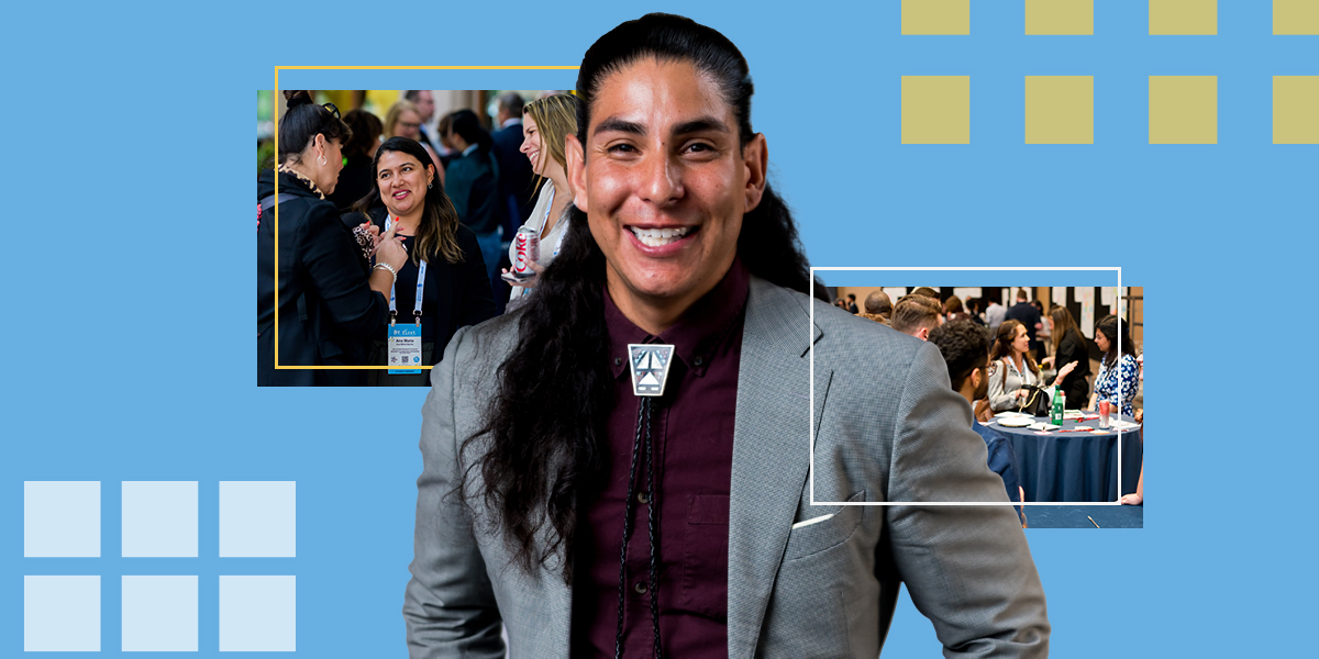 Man smiling with surrounding square graphics of people networking at IFT FIRST Annual Event and Expo