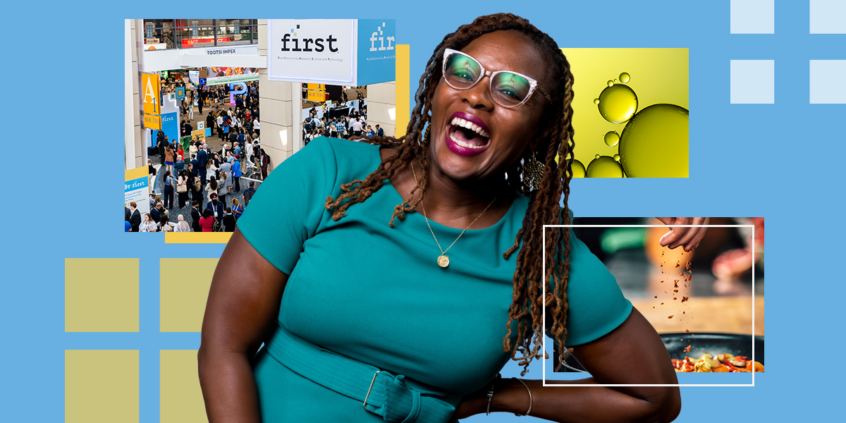 Woman smiling with surrounding square graphics of a busy expo hall at IFT FIRST, molecules, and a hand adding spice to a cooking pan