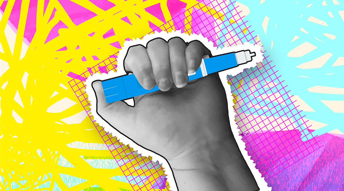 Black and white holding a blue marker with a colorful abstract background.