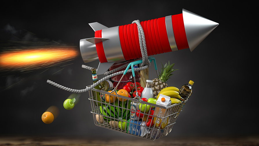 Omnivore Podcast Episode 11 a rocket taking off with a basket filled with groceries