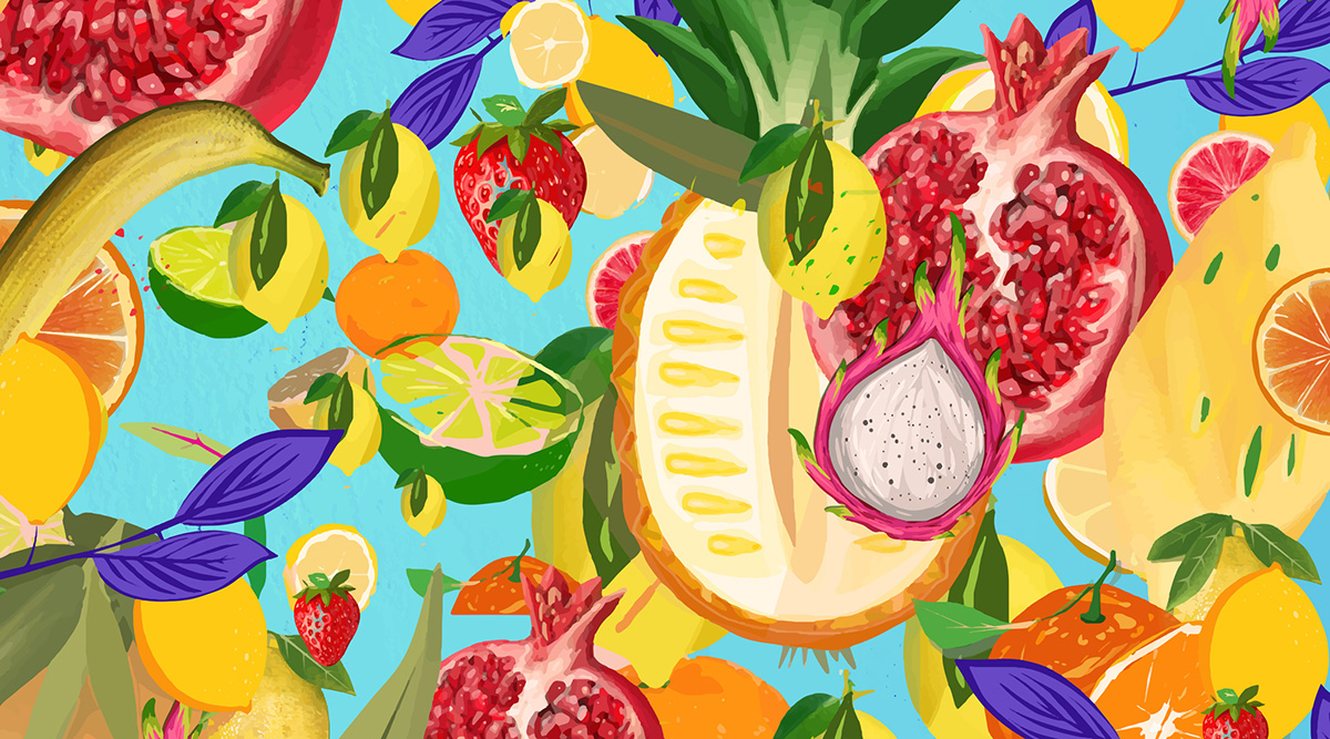 A colorful assortment of fruit illustration.