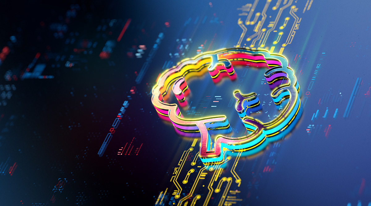 Colorful light technology in the shape of a brain.