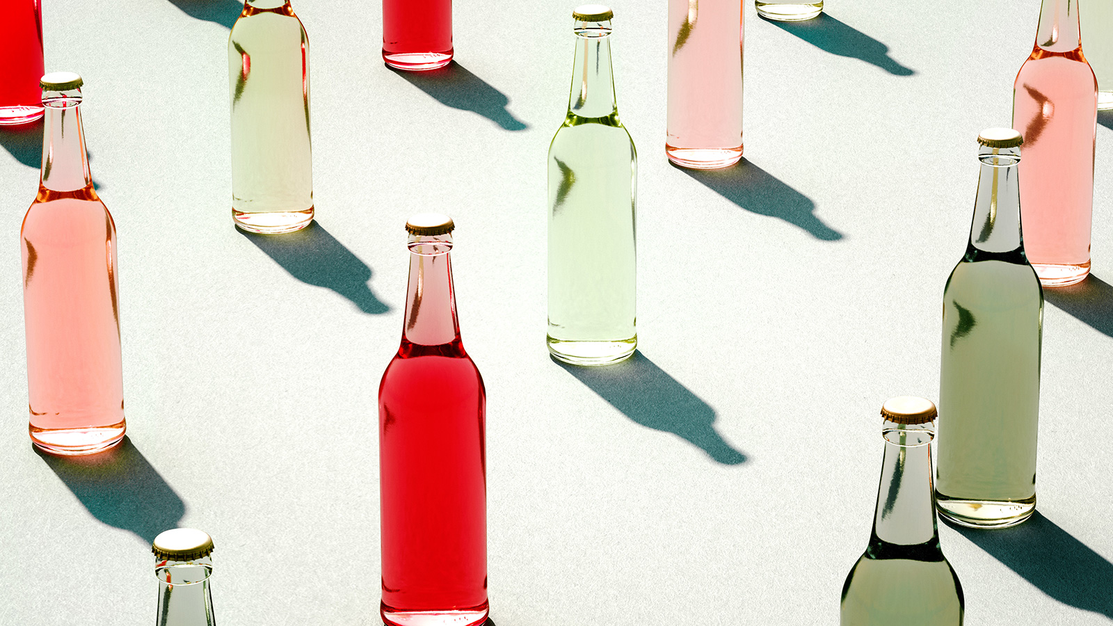 Omnivore Episode 20 glass soda bottles in red, green, and pink