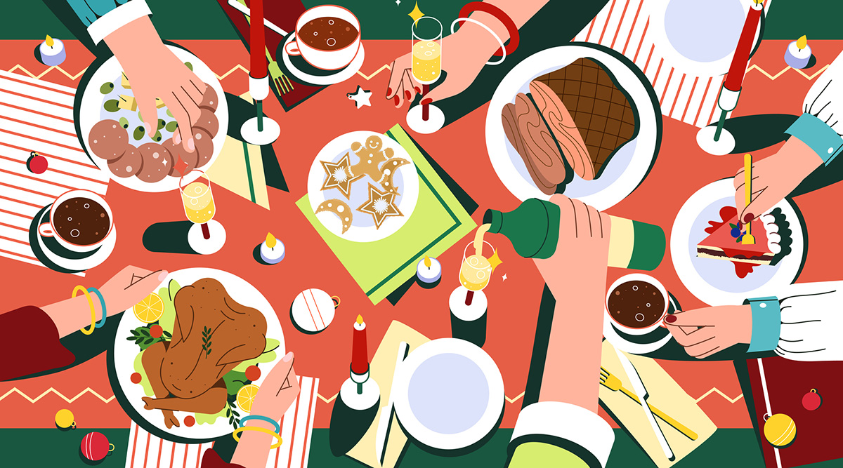 Illustration of people gathered around a holiday dinner table.
